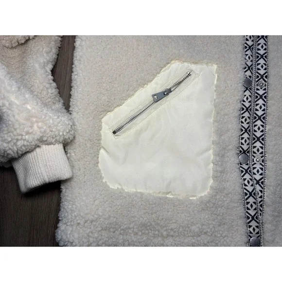 Levis Sherpa Fleece Jacket Cream Off White Geometric Trim Zip Up Womens Small - Picture 3 of 13